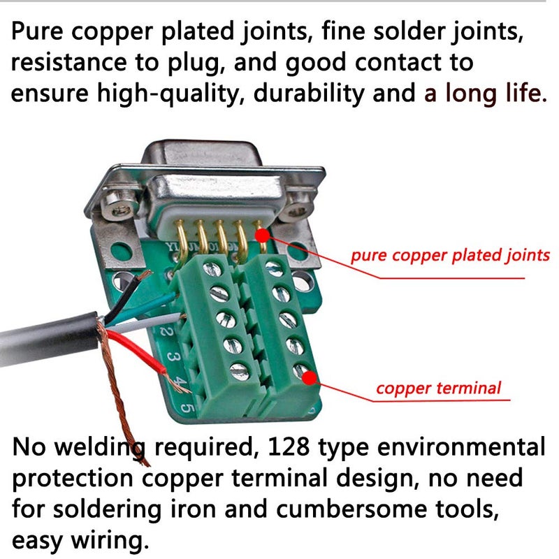ANMBEST 2PCS DB9 Solderless RS232 D-SUB Serial to 9-pin Port Terminal Male Adapter Connector Breakout Board with Case Long Bolts Tail Pipe (Male+Female) - Image 3